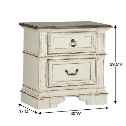 Antique White Nightstand with Charging Station and Storage