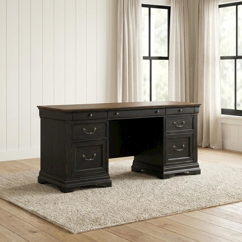 Aged Charcoal Credenza Desk With Distressed Finish And Birch Top For Home Office