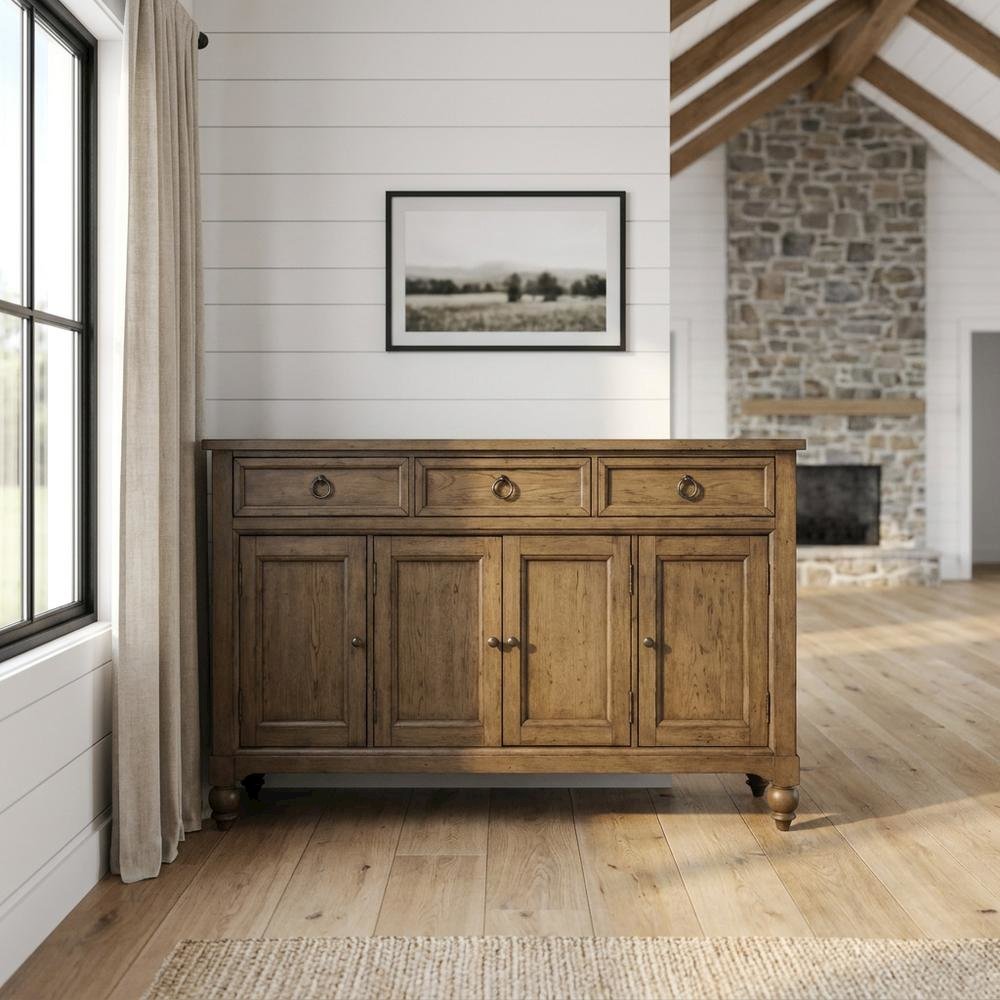 Solid Wood Farmhouse Buffet Cabinet with Drawers and Storage Cabinet, Brown