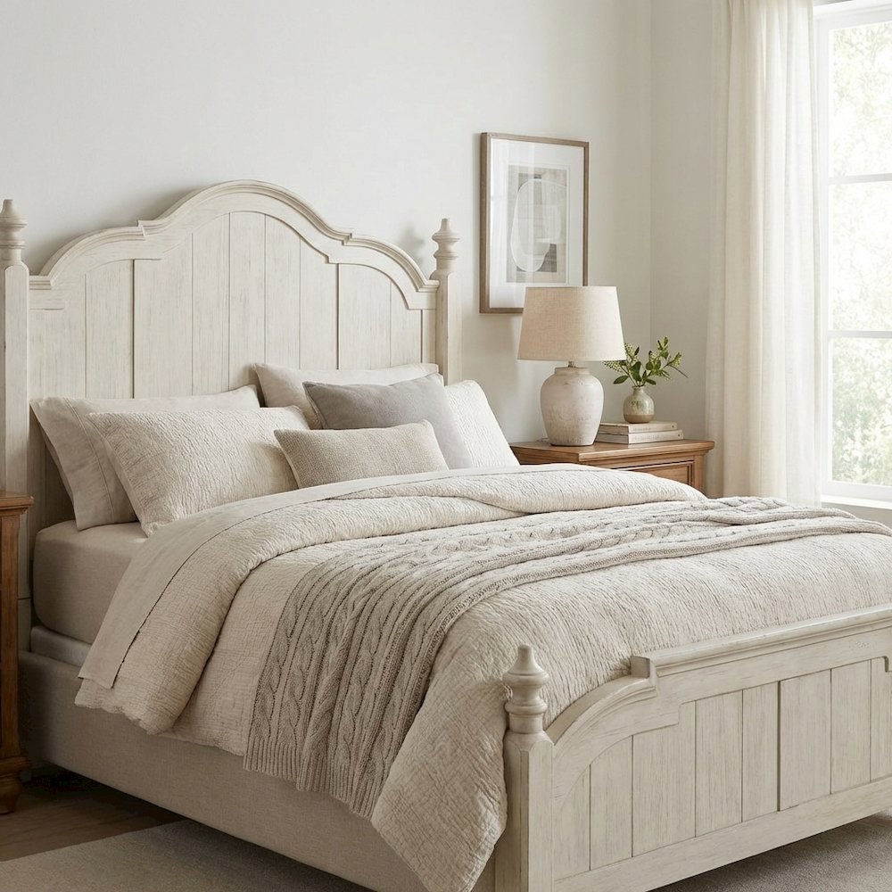 Antique White Headboard with Chestnut Top Solid Wood Farmhouse Design