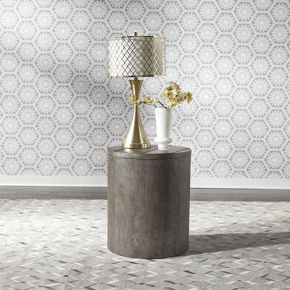 Modern Farmhouse Drum End Table in Dusty Charcoal w/ Heavy Distressing