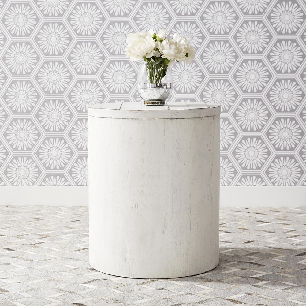 Modern Farmhouse Drum End Table in Flea Market White w/ Heavy Distressing