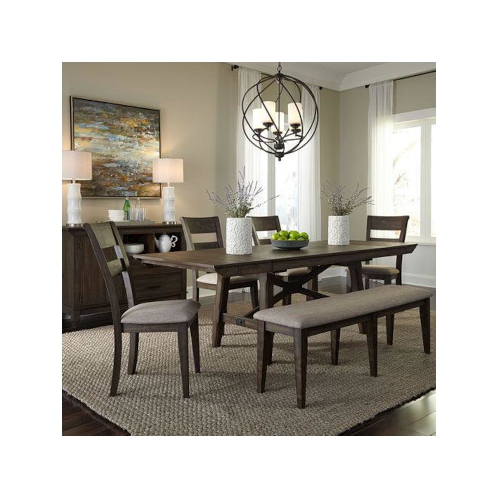 Double Bridge 6 Piece Trestle Table Set in Dark Chestnut