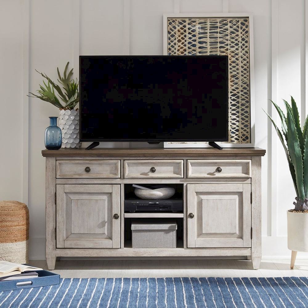 Heartland 56 Inch Tile TV Console in Antique White w/ Tobacco Top