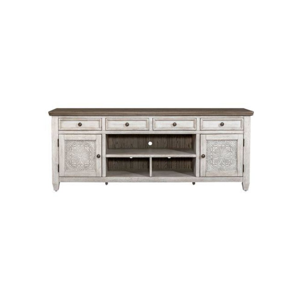 Heartland 76 Inch Tile TV Console in Antique White w/ Tobacco Top