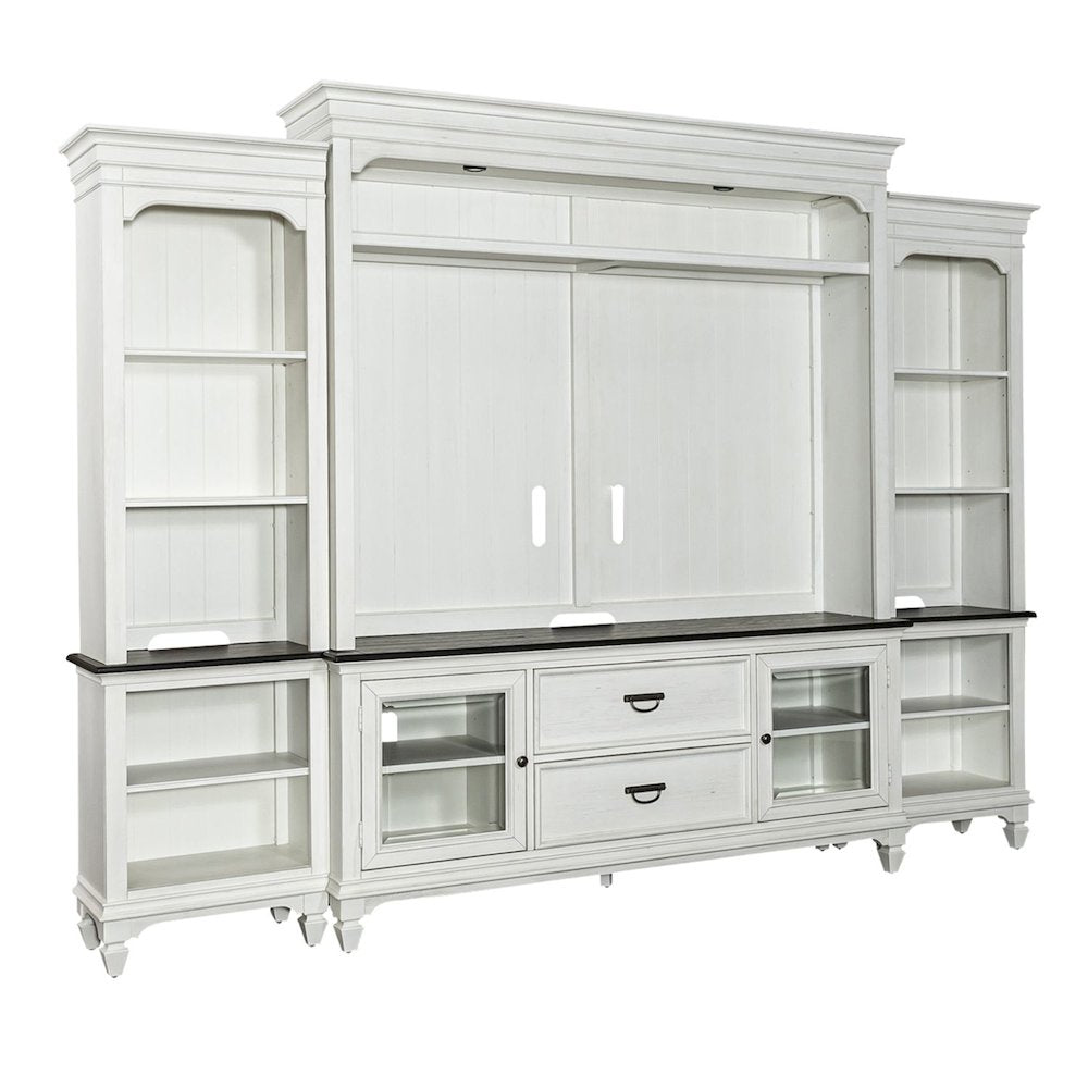 Entertainment Center with Piers - Wirebrushed White with Charcoal Tops