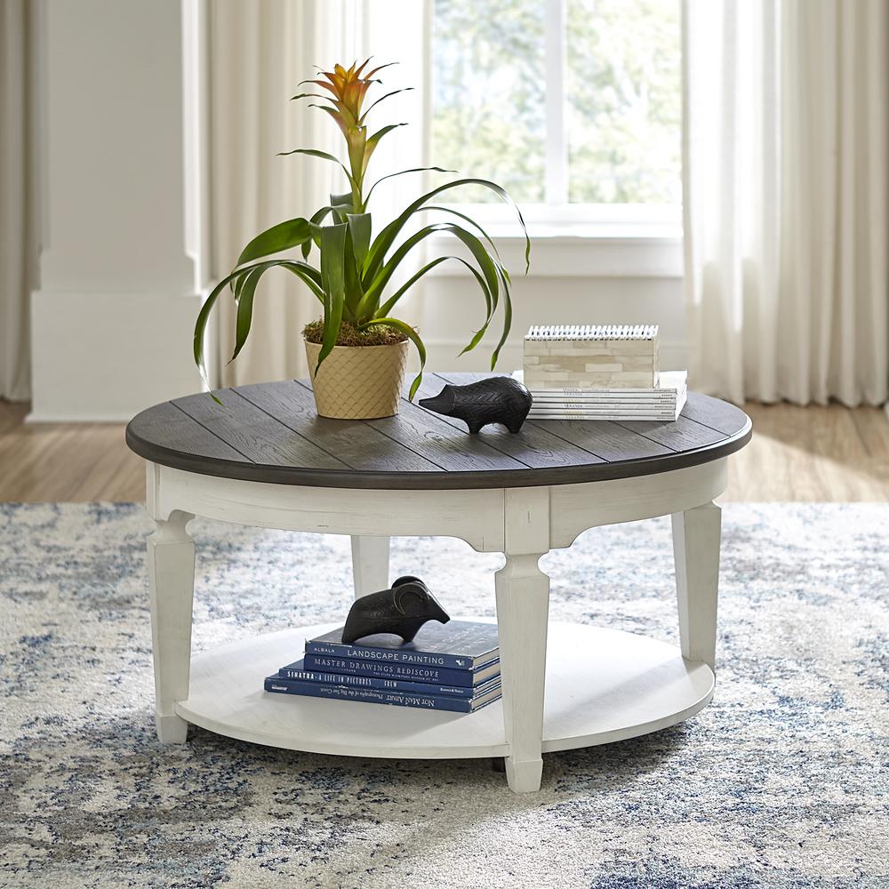 Allyson Park Round Cocktail Table in Wirebrushed White w/ Charcoal Top