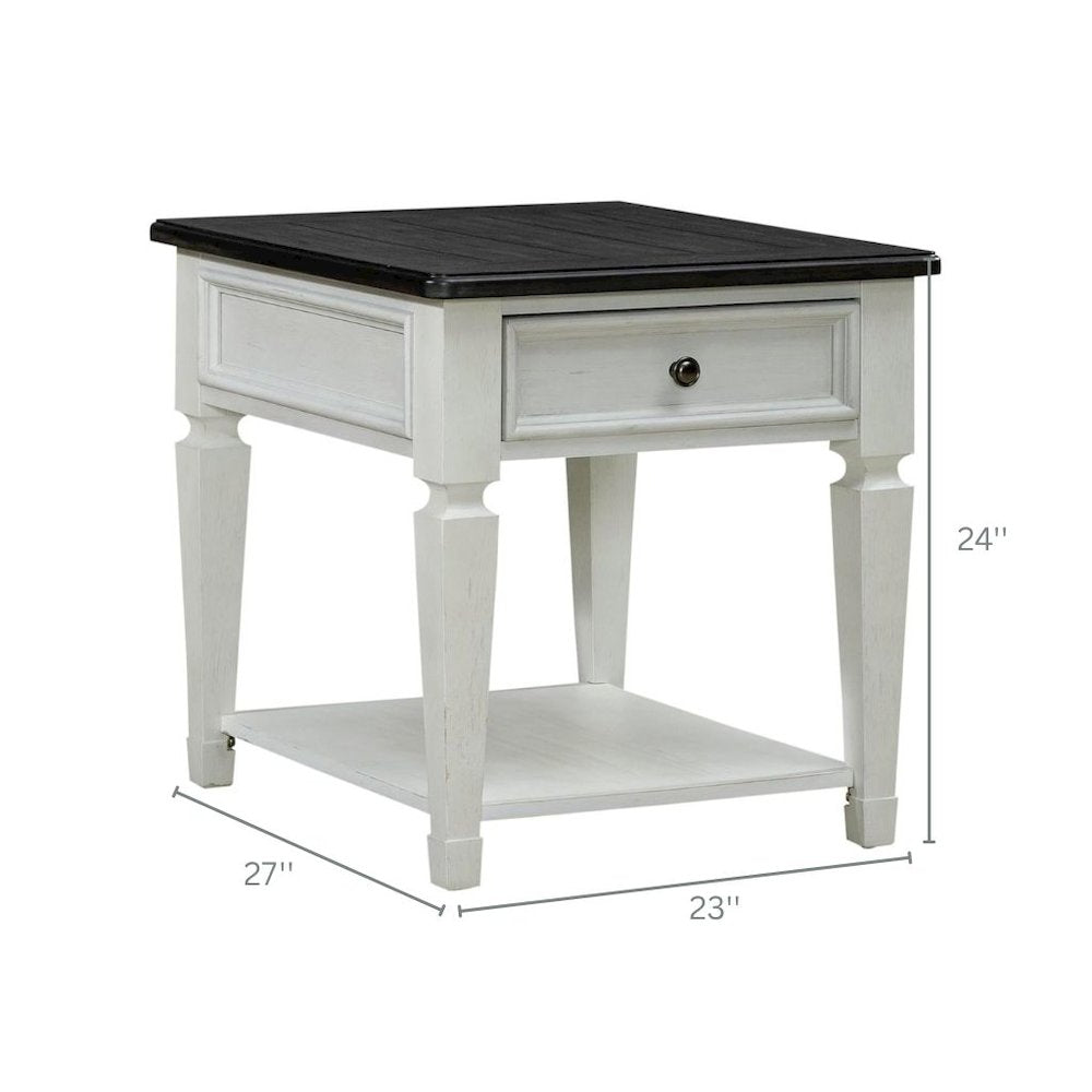 Antique White Wood End Table with Drawer and Bottom Shelf for Living Room