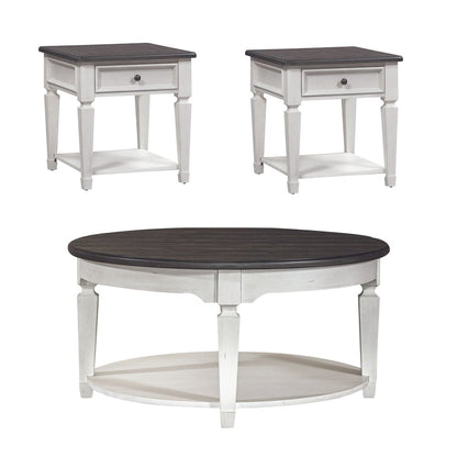 3 Pc Living Room Set Round Cocktail Table, 2 End Tables Cottage White, Oak Wood