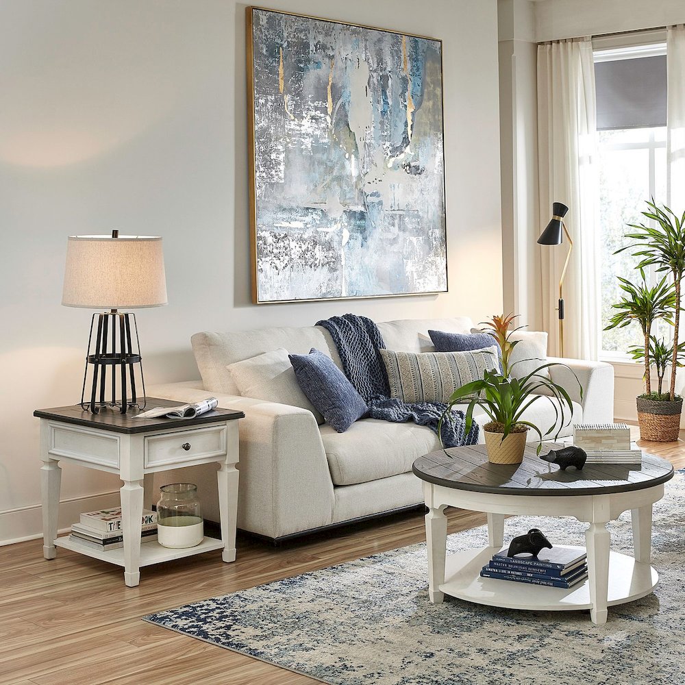 3 Pc Living Room Set Round Cocktail Table, 2 End Tables Cottage White, Oak Wood