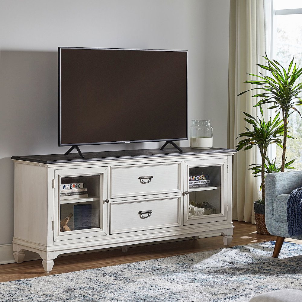 Entertainment Center with Piers - Wirebrushed White with Charcoal Tops
