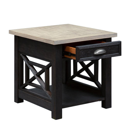 Black Farmhouse End Table – Square Side Table for Living Room with Drawer