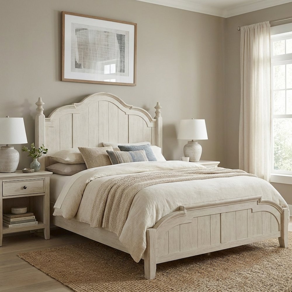 King Poster Headboard Antique White Chestnut Top Solid Wood Farmhouse Design