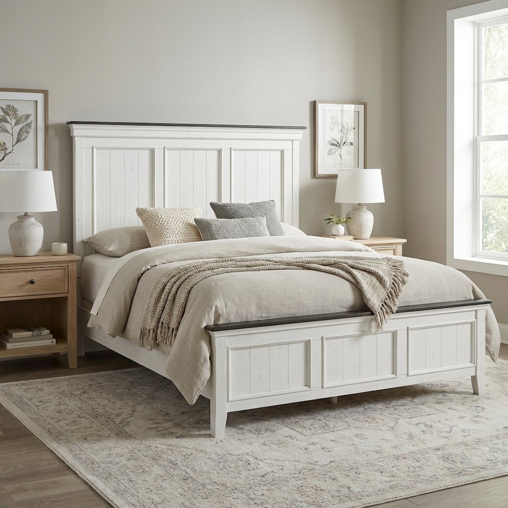 Wirebrushed White Headboard with Charcoal Top Solid Wood Panel Cottage Style