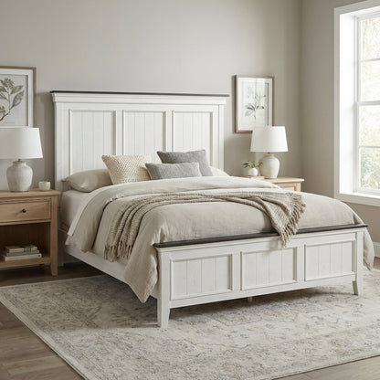 Wirebrushed White Headboard with Charcoal Top Solid Wood Panel Cottage Style
