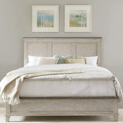 Ivy Hollow King Panel Bed in Weathered Linen Finish w/ Dusty Taupe Tops