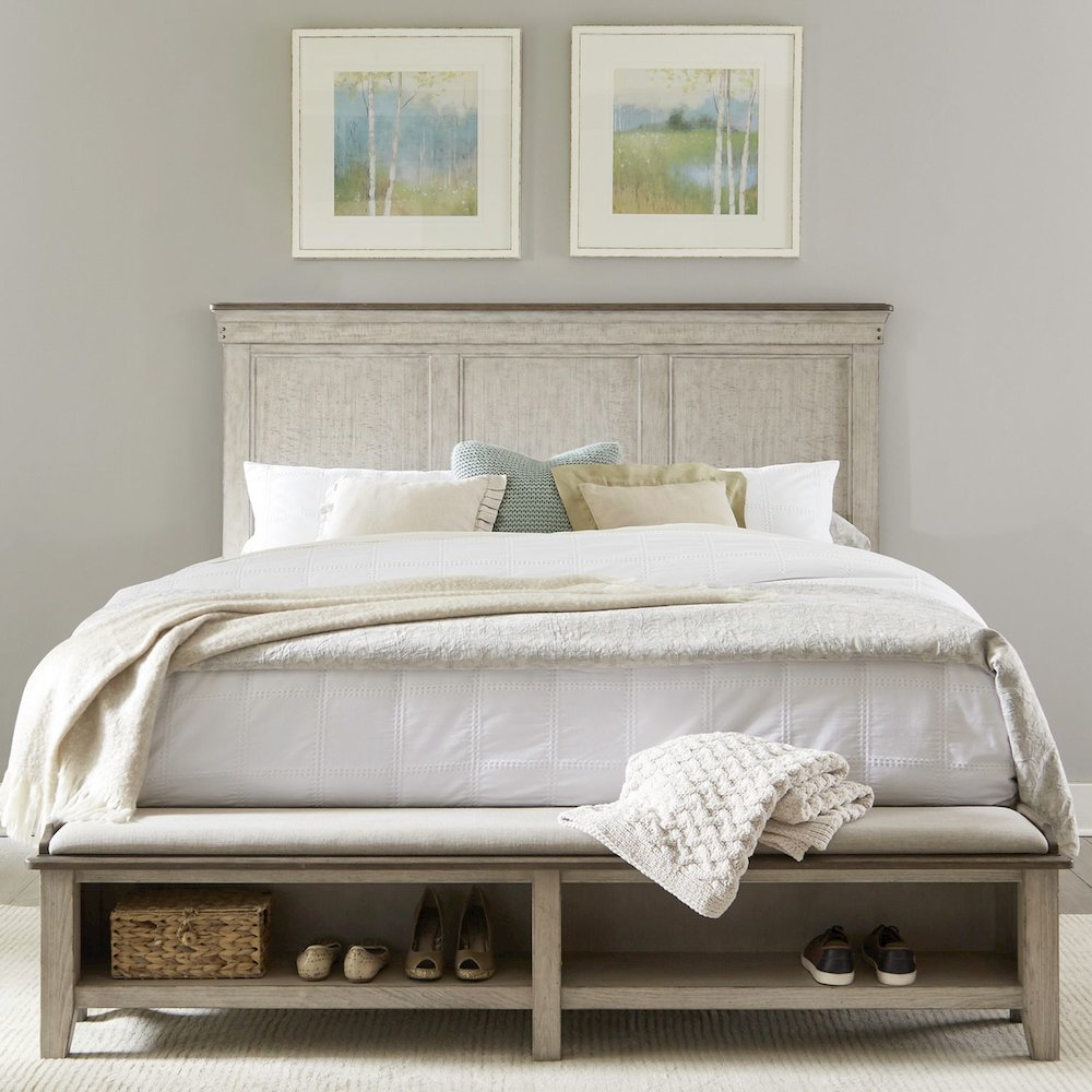 Ivy Hollow King Storage Bed in Weathered Linen Finish w/ Dusty Taupe Tops