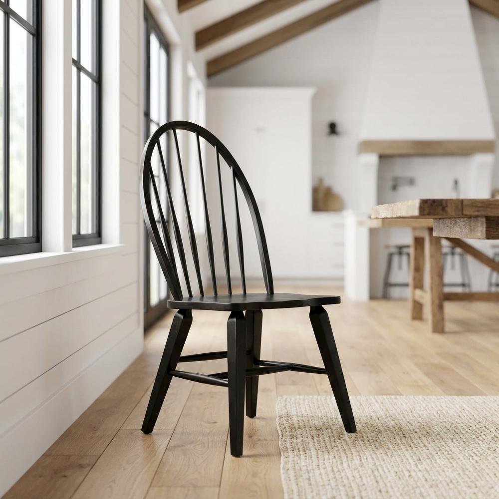Rubberwood Windsor Back Solid Wood Dining Chair for Farmhouse Kitchen, Black