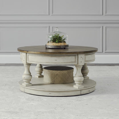 Round Cocktail Table Antique White w/ Wirebrushed Tobacco Accents