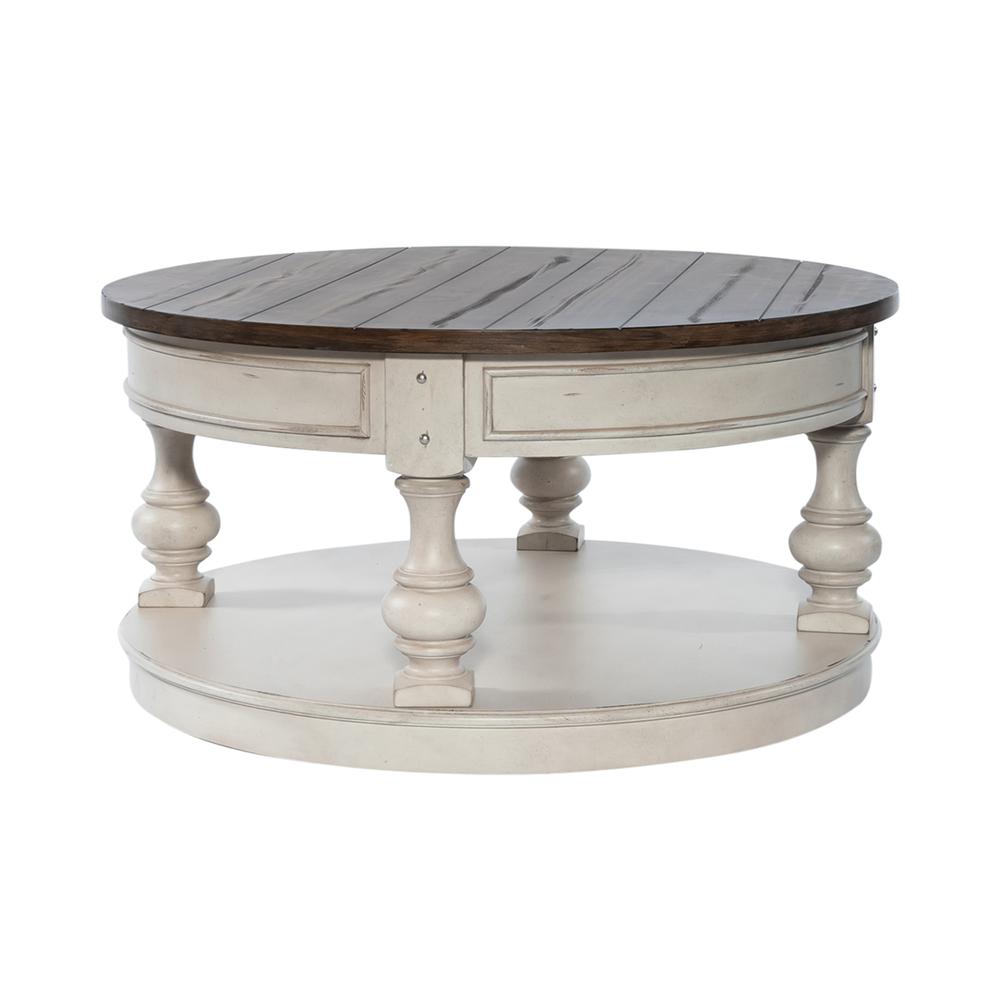 Round Cocktail Table Antique White w/ Wirebrushed Tobacco Accents