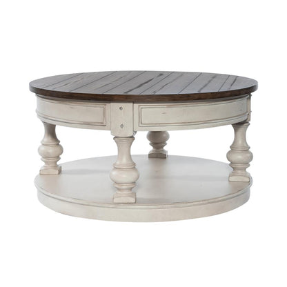 Round Cocktail Table Antique White w/ Wirebrushed Tobacco Accents
