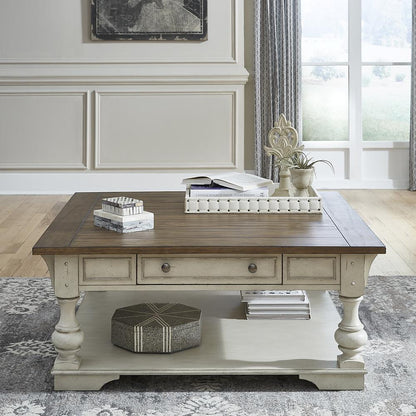 Drawer Square Cocktail Table Antique White w/ Wirebrushed Tobacco Accents
