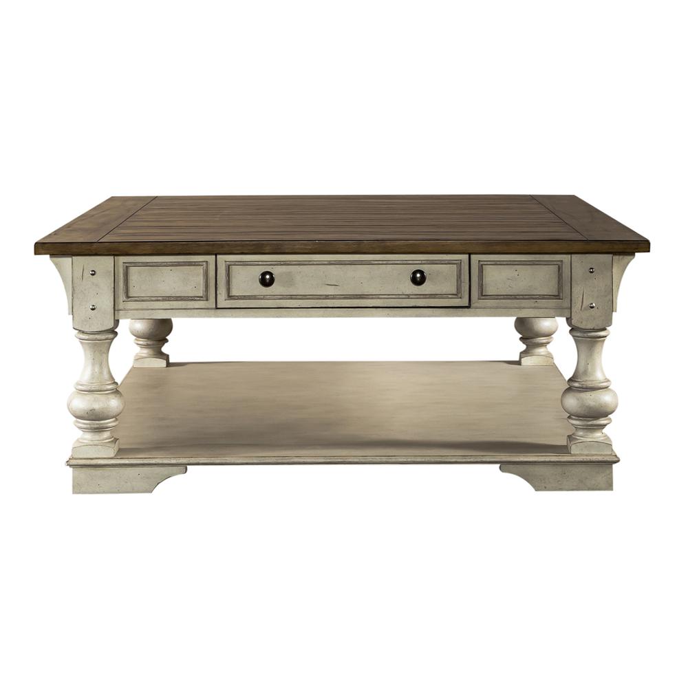 Drawer Square Cocktail Table Antique White w/ Wirebrushed Tobacco Accents