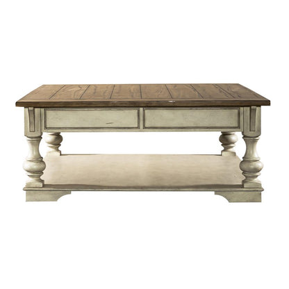 Drawer Square Cocktail Table Antique White w/ Wirebrushed Tobacco Accents