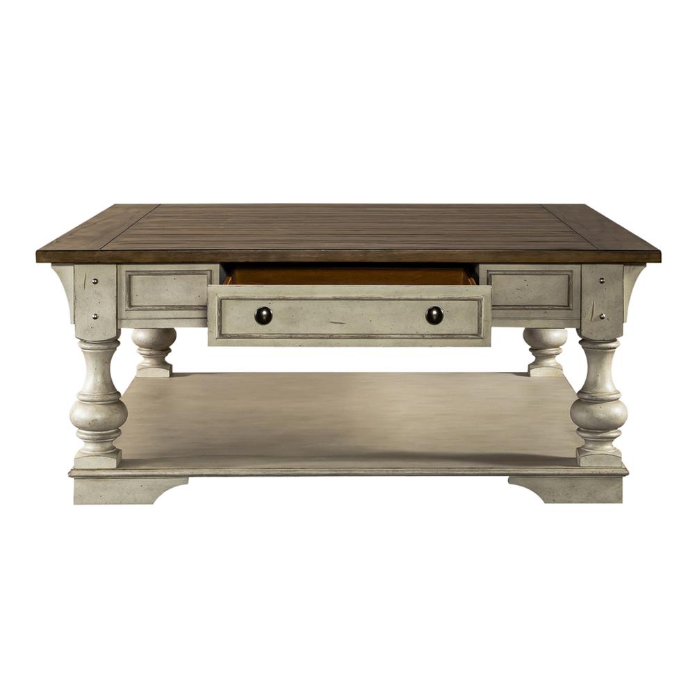Drawer Square Cocktail Table Antique White w/ Wirebrushed Tobacco Accents