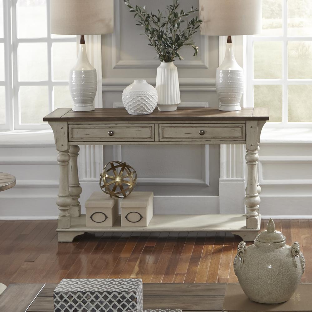Morgan Creek Sofa Table in Antique White w/ Wirebrushed Tobacco Accents