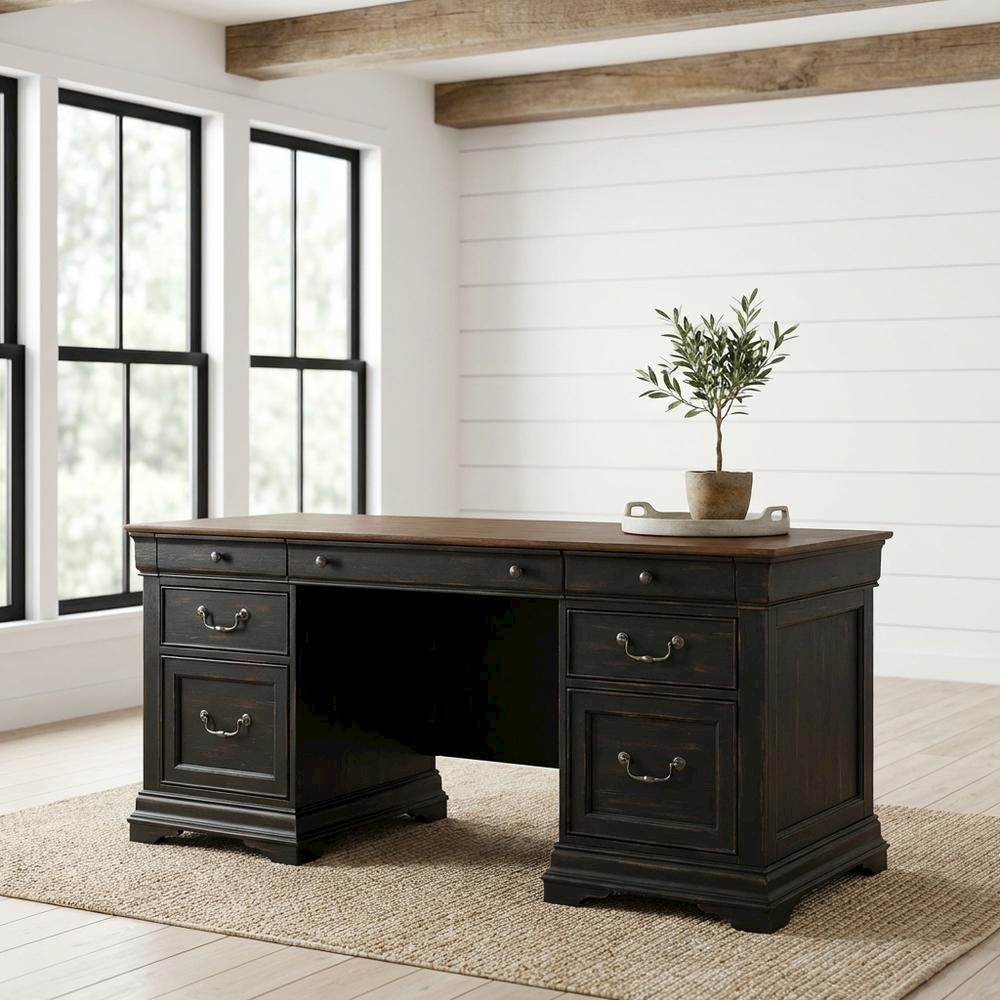 Aged Charcoal Credenza Desk With Distressed Finish And Birch Top For Home Office