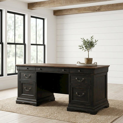 Aged Charcoal Credenza Desk With Distressed Finish And Birch Top For Home Office
