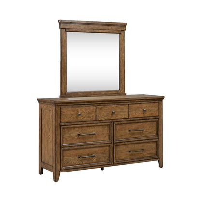 Queen Panel Bed, Dresser & Mirror Bedroom Furniture Set - Amber Brown
