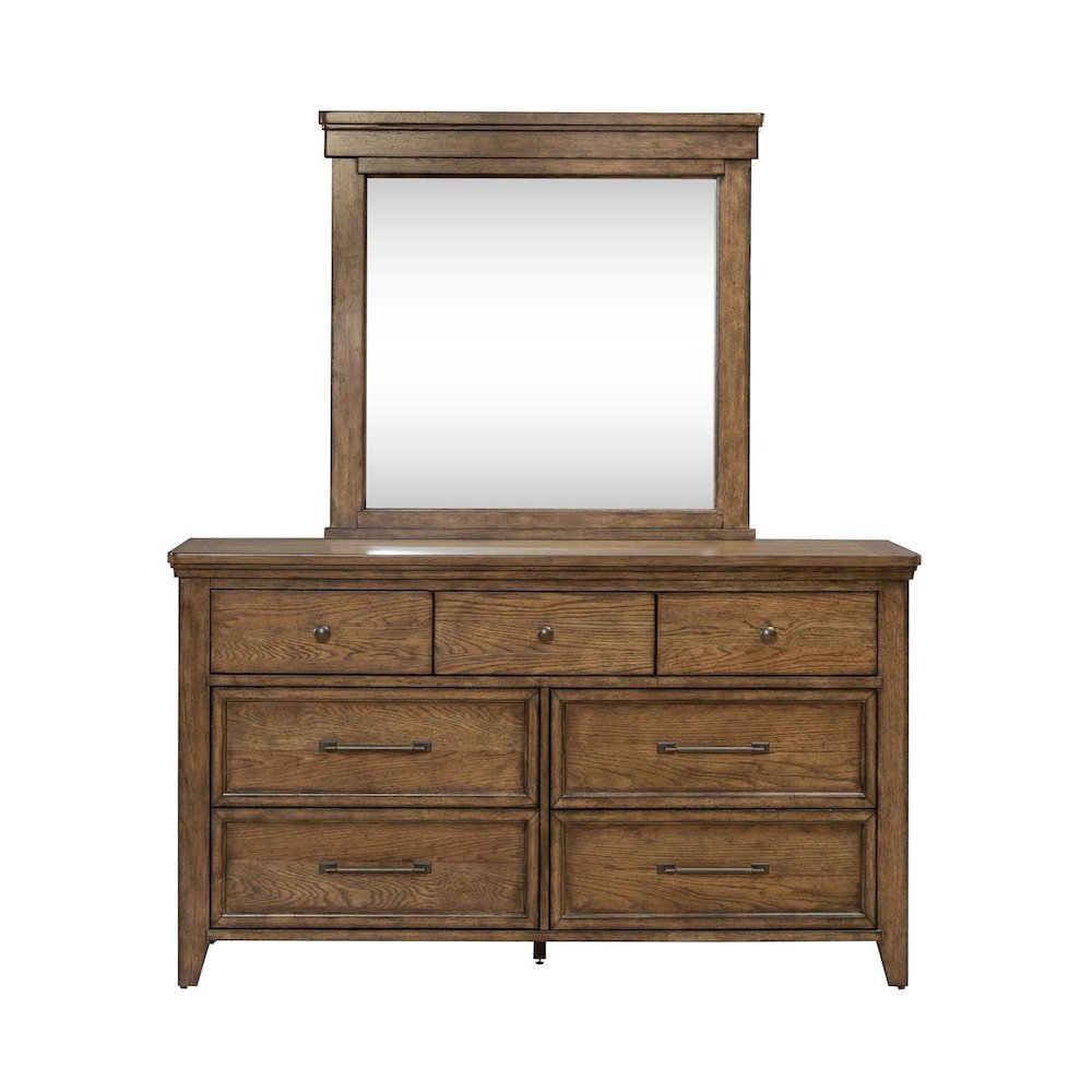 Queen Panel Bed, Dresser & Mirror Bedroom Furniture Set - Amber Brown
