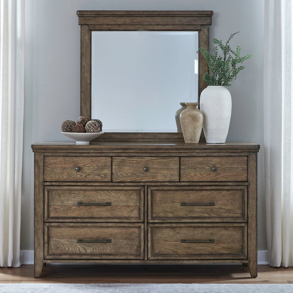 Queen Panel Bed, Dresser & Mirror Bedroom Furniture Set - Amber Brown