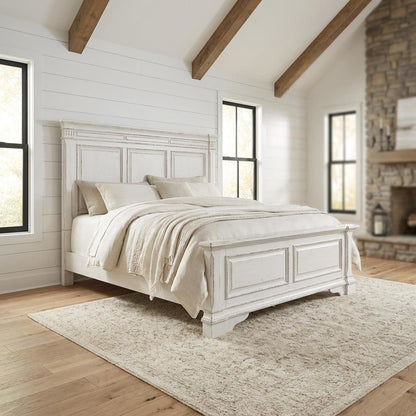Rubberwood Solid Wood King Panel Bed with Headboard, White