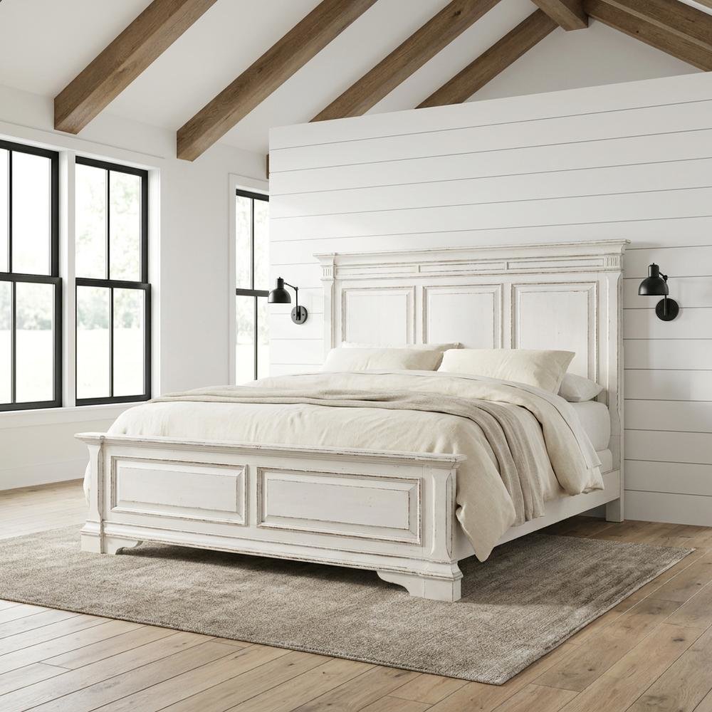 Rubberwood Solid Wood King Panel Bed with Headboard, White