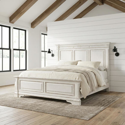 Rubberwood Solid Wood King Panel Bed with Headboard, White
