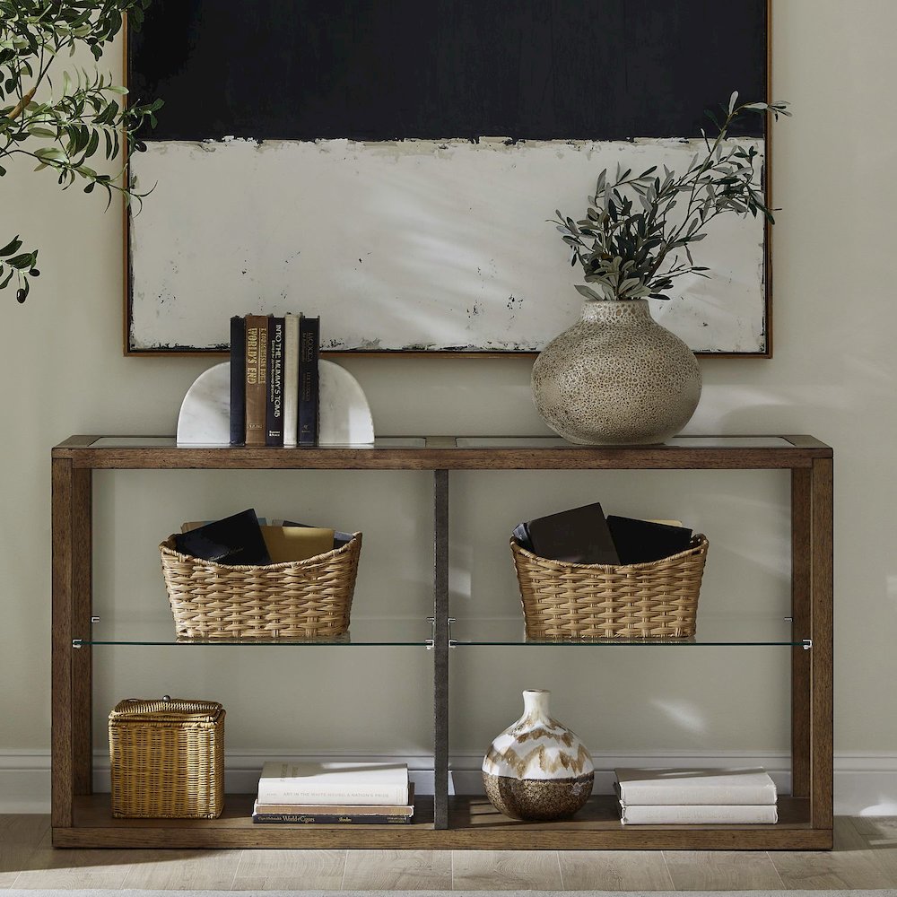 Bayhill Trellis Sofa Table for Living Room - Honey w/ Black Metal Accents