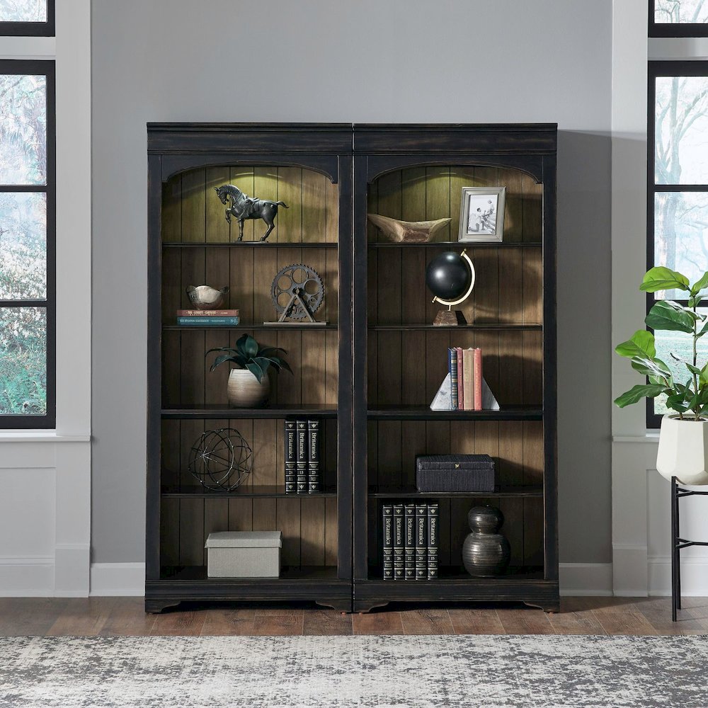 2 Piece Bunching Bookcase Set for Home Office - Aged Charcoal,Rub Thru & Caramel