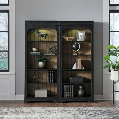 2 Piece Bunching Bookcase Set for Home Office - Aged Charcoal,Rub Thru & Caramel