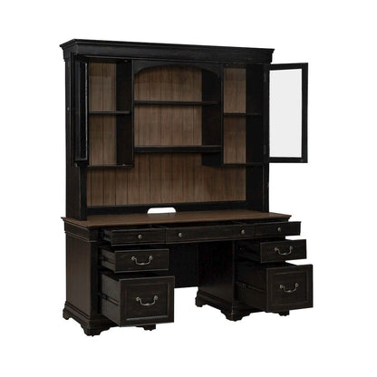 Meritage Credenza & Hutch Home Office Desk Set-Aged Charcoal, Rub Thru & Caramel