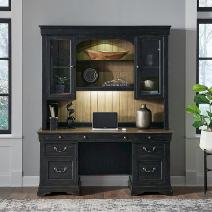 Meritage Credenza & Hutch Home Office Desk Set-Aged Charcoal, Rub Thru & Caramel