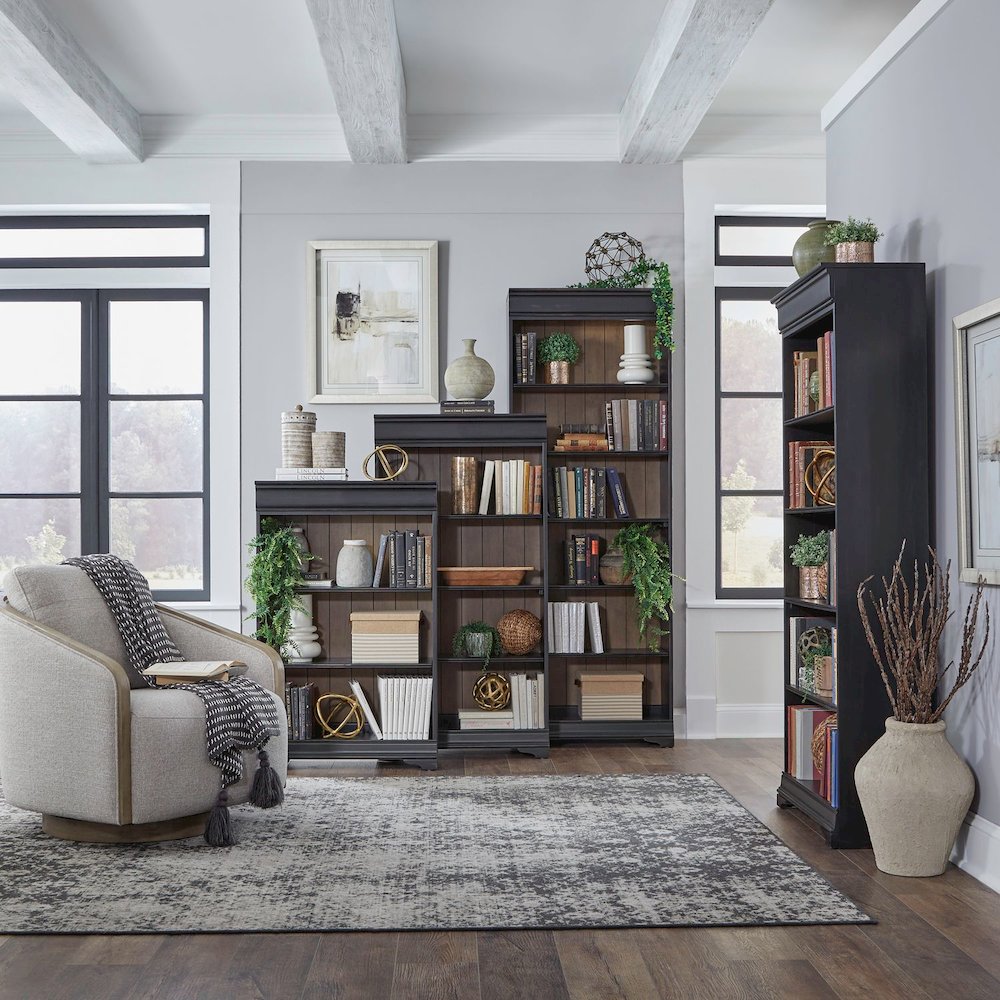 Meritage Stepped Bookcase Wall - 4 Piece Set for Home Office - Aged Charcoal