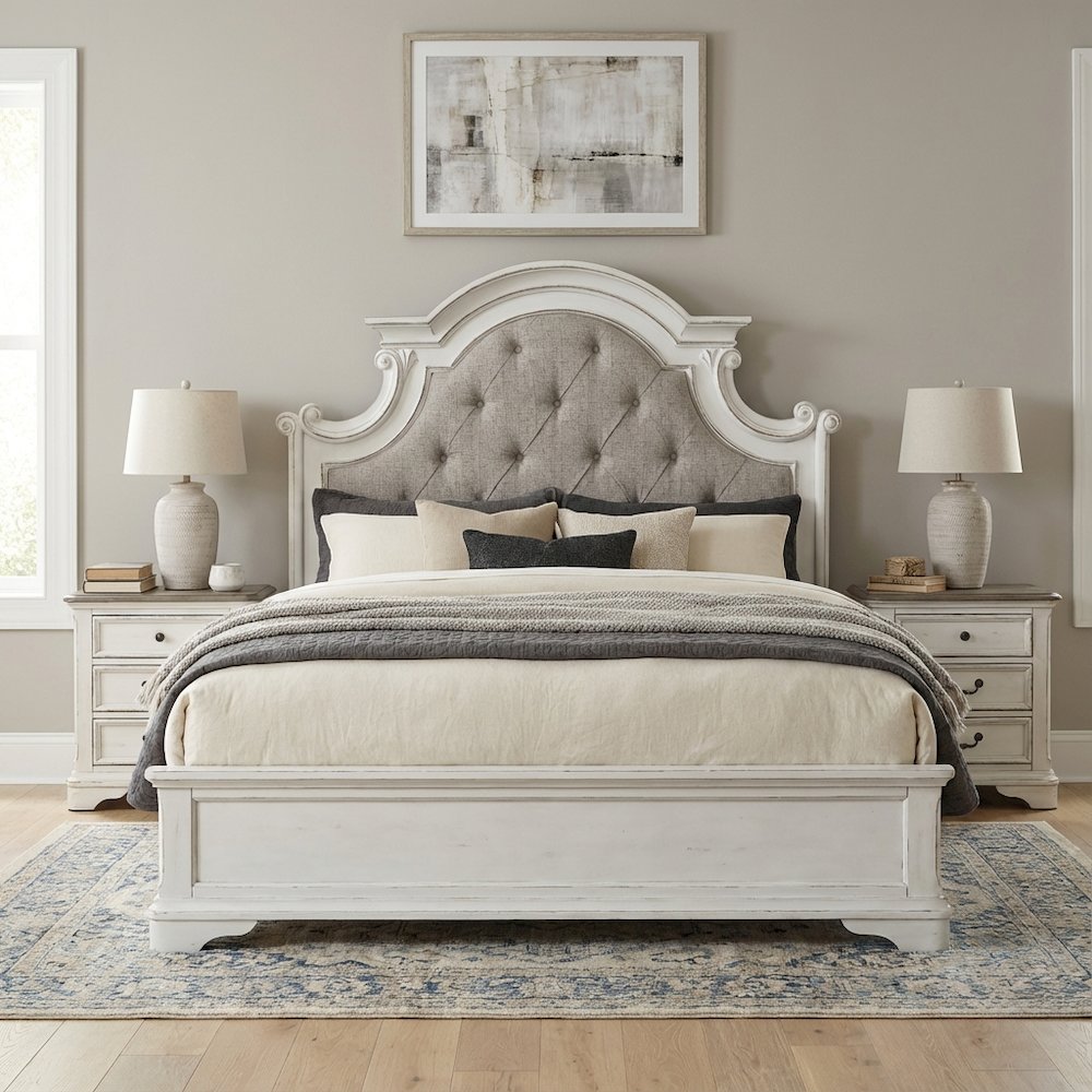 Antique White & Weathered Bark Upholstered Panel Headboard Solid Wood