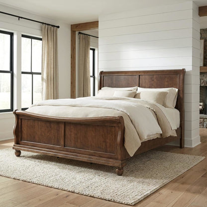 Poplar Solid Wood Queen Sleigh Bed with Tall Headboard, Cherry