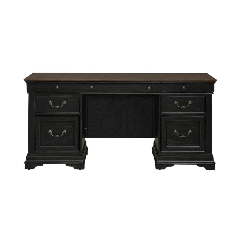 Aged Charcoal Credenza Desk With Distressed Finish And Birch Top For Home Office