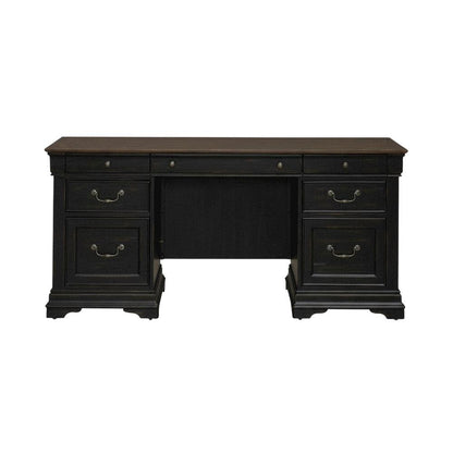 Aged Charcoal Credenza Desk With Distressed Finish And Birch Top For Home Office