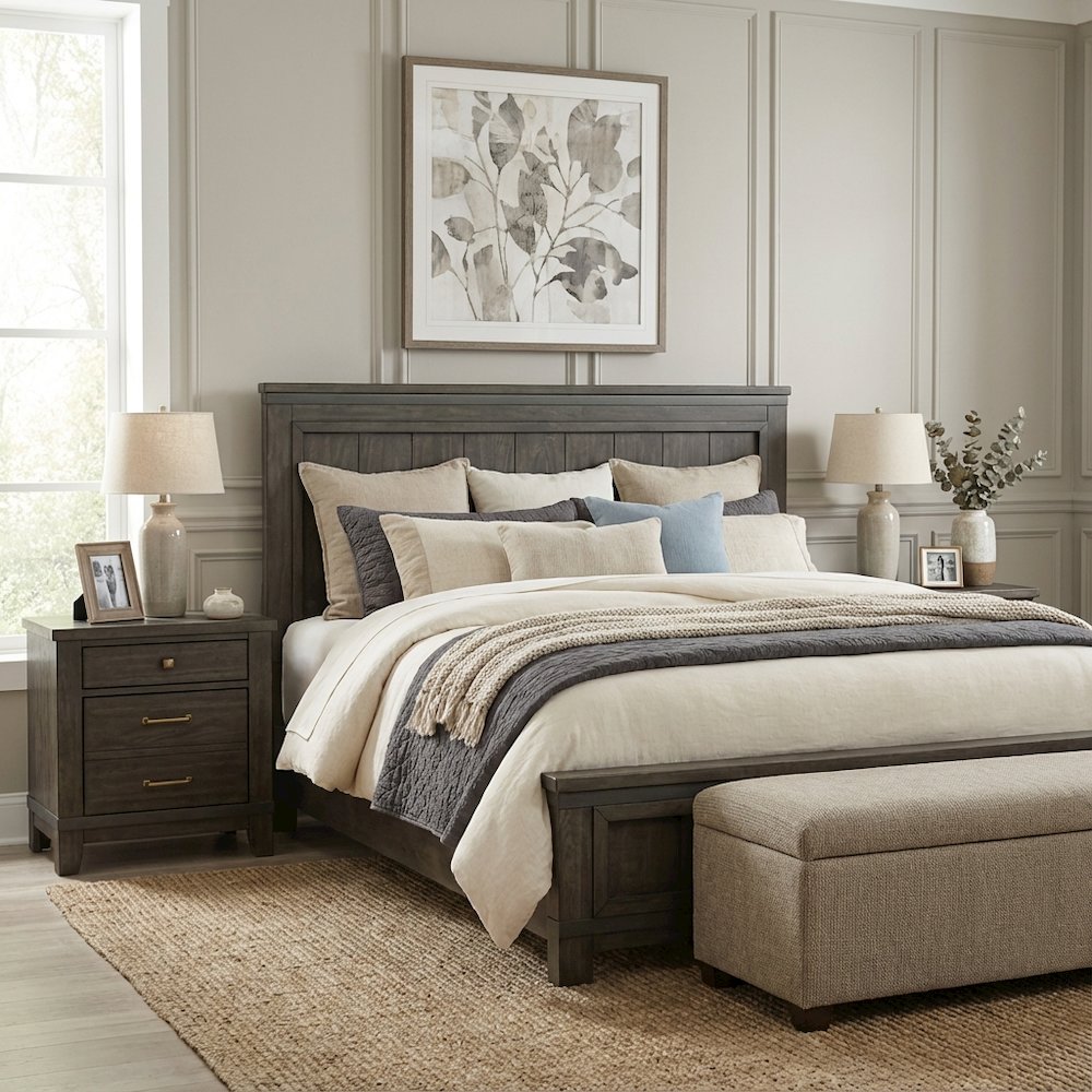 Rock Beaten Brown Panel Headboard with Saw Cuts Rustic Solid Wood Design