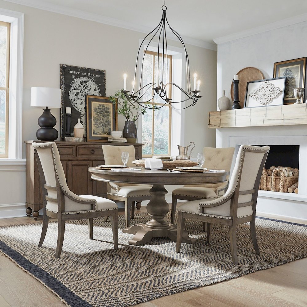 Americana Farmhouse 5 Piece Pedestal Table Set - 4 Shelter Back Chairs - Dusty
